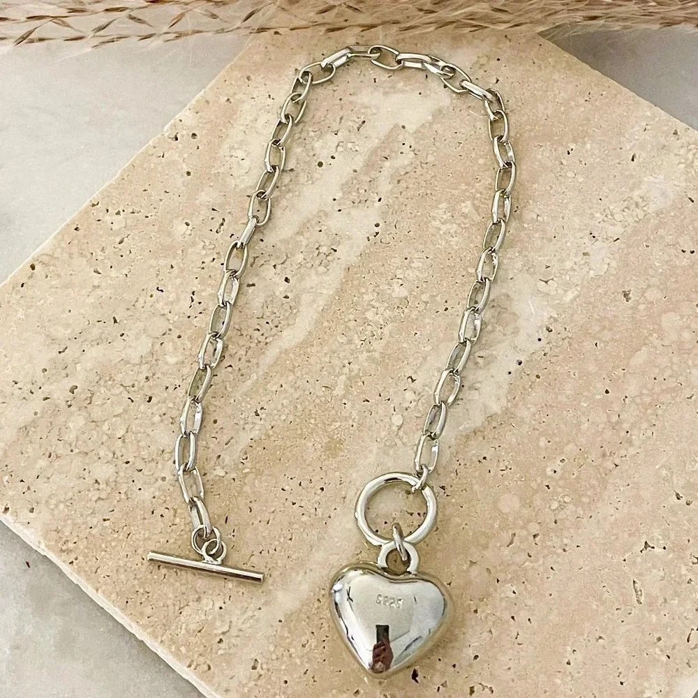 925 Sterling Silver Heart Pendant Bracelet Toggle Bracelet - Picture 3 of 4